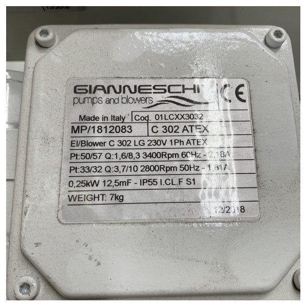 Gianneschi C302 Atex Centrifugal Blower 230V - 01LCXX3032