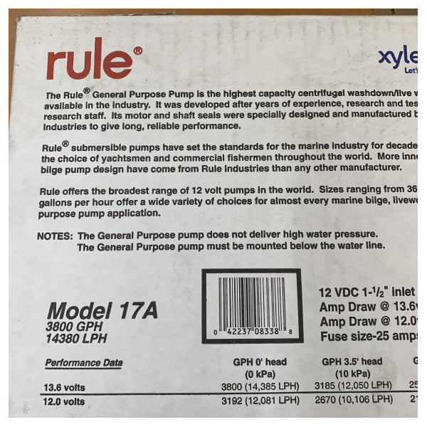 Rule 17AM Submersible Pump 3800 GPH 12V - Powerful Marine Bilge Pump