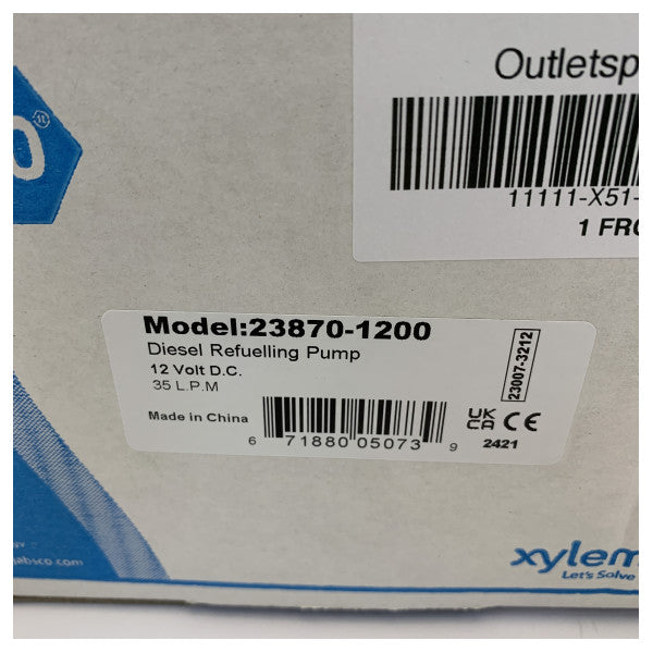 Jabsco 23870-1200 スライディングベーン式マリン燃料ポンプ - 12V Puppy - 35lpm