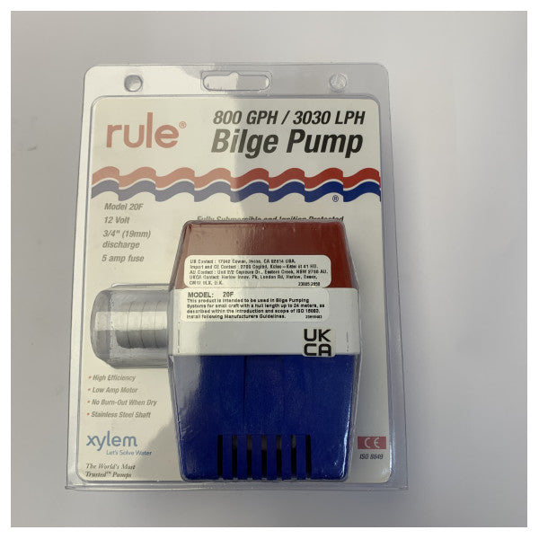 Rule 800 GPH Submersible Marine Bilge Pump 12V - 20F Square Series