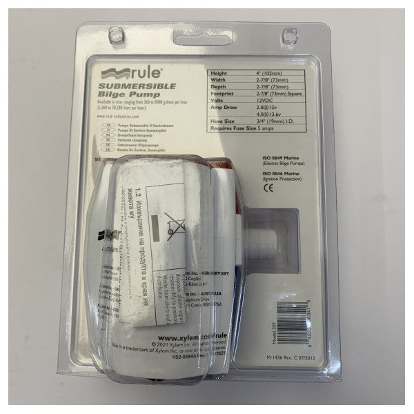 Rule 800 GPH nedsenkbar maritim lensepumpe 12V - 20F Square-serien