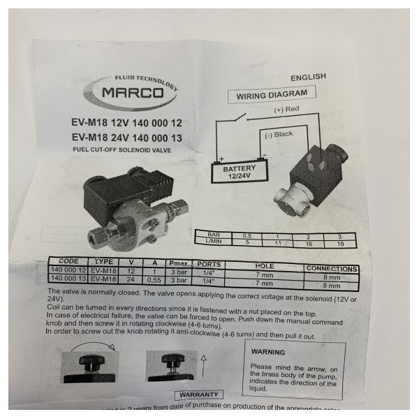 Соленоїдний клапан Marco Marine 24V 1/4 inch 8 мм R.I.NA. сертифікований з DIN-роз'ємом