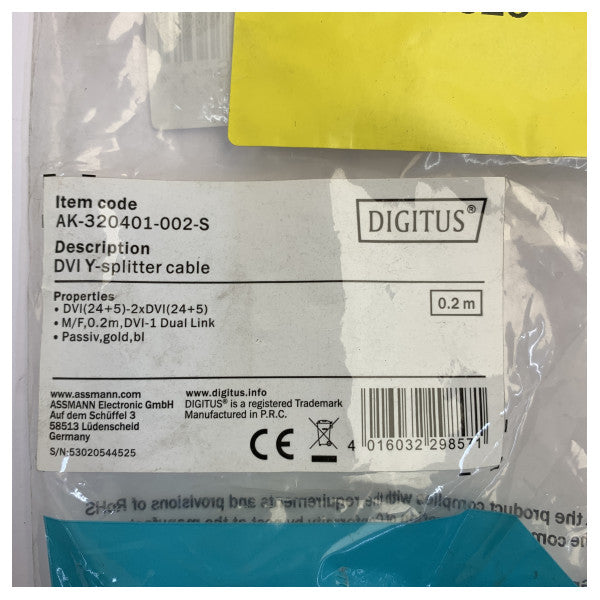 Digitus DVI-I Dual Link -videosplitteriadapteri Y-kaapeli 20 cm - AK-320401-002-S