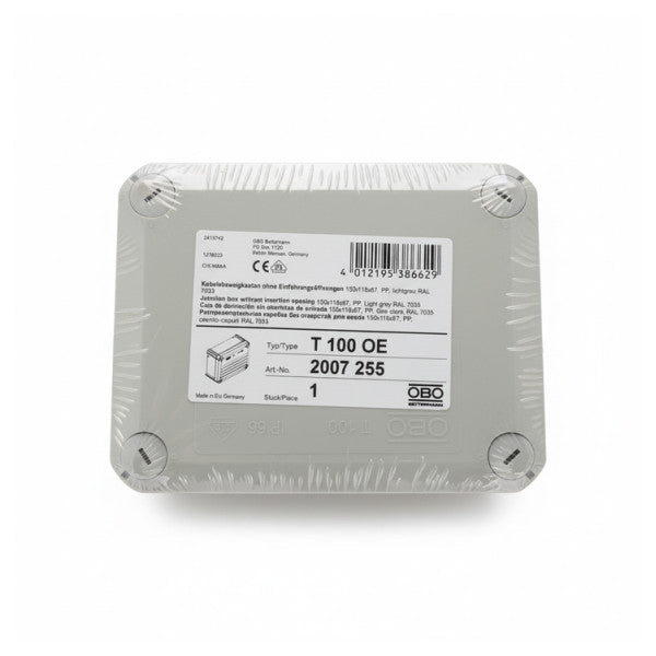 Розподільна коробка OBO Bettermann T 100 OE 151x117x67 мм, світло-сіра, для електричних кабелів