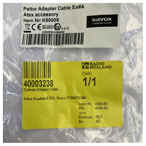 Cobham Savox K50009 ATEX ljudadapterkabel för Peltor-system