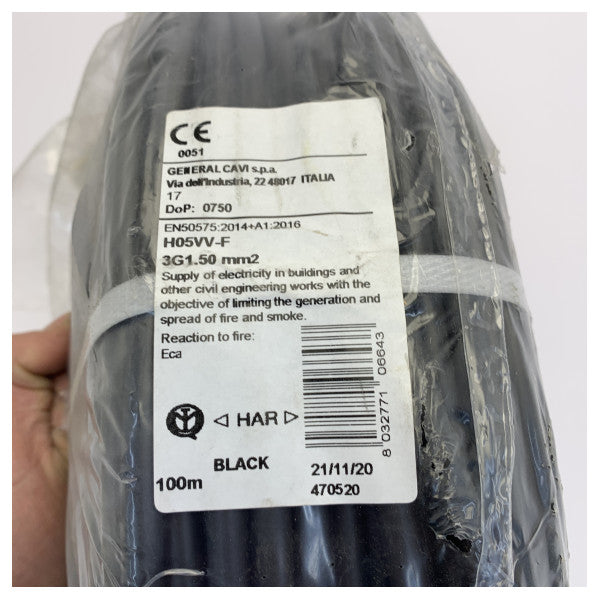 Cooselec H05VV-F 3G 1.5mm 100m fleksibel strømkabel, svart