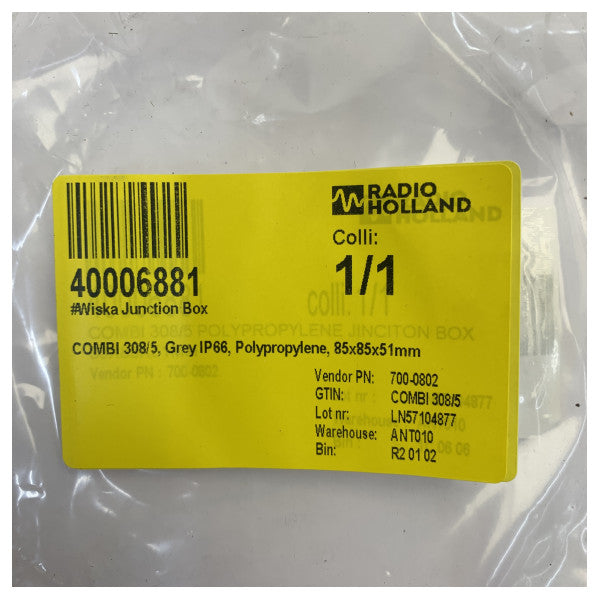 Wiska COMBI 308/5 Junction Box IP66 Waterproof Polypropylene Grey 85x85mm