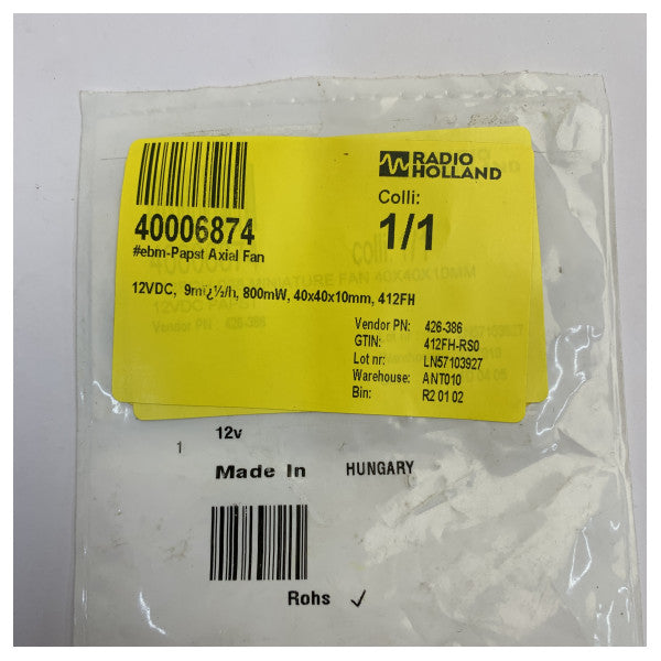 ebm-papst 412FH Axial Fan 12V DC 9m³/h 40x40x10mm Marine Equipment