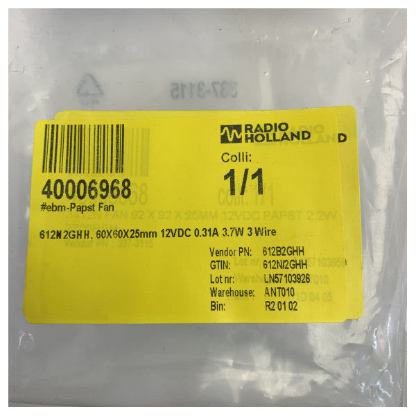 Ebm-papst 612N2GHH Αξονικός Ανεμιστήρας Ψύξης 12VDC 3.7W 60x60x25mm 3-καλωδίων - Νέο