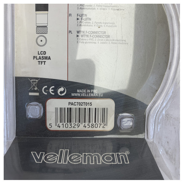 Velleman 1,5 m F-type han-til-han koaksialkabel med guldbelagte stik PAC702T0