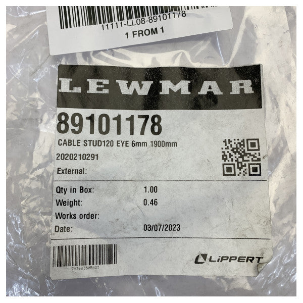 Cable marino Lewmar 89101178 de 6 mm x 1900 mm con espárrago 120 y ojal