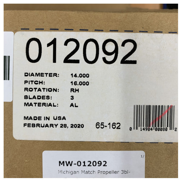 Michigan Match 3-Blatt Aluminium-Bootspropeller 14x16 RH 12092