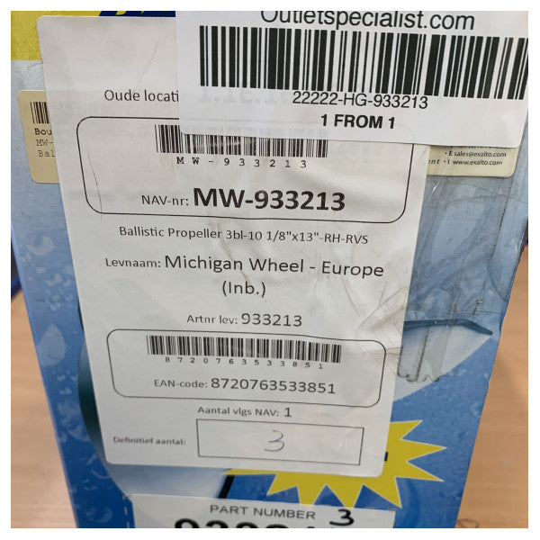 Michigan Ballistic 3 Kanatlı Paslanmaz Çelik Pervane 10 1/8 x 13 RH - 933213