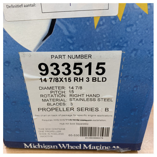 Michigan Ballistic 3-blads rustfri stålpropel 14 7/8 x 15 RH - 933515