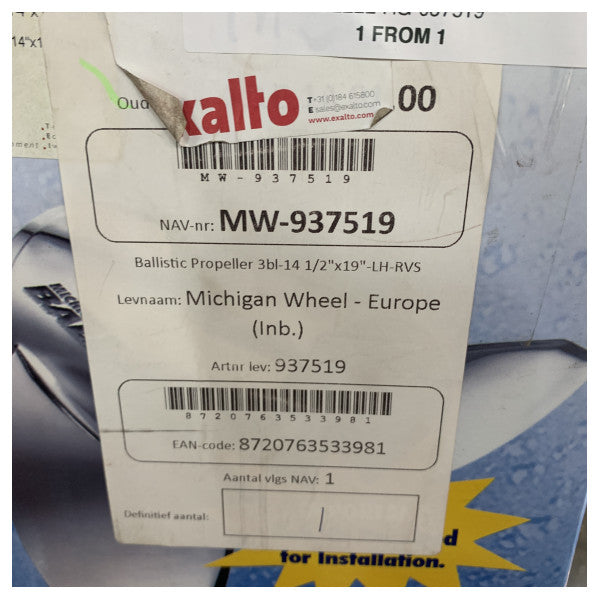 Michigan Ballistic 3-bladet rustfri stålpropel 14 1/2 x 19 LH - 937519