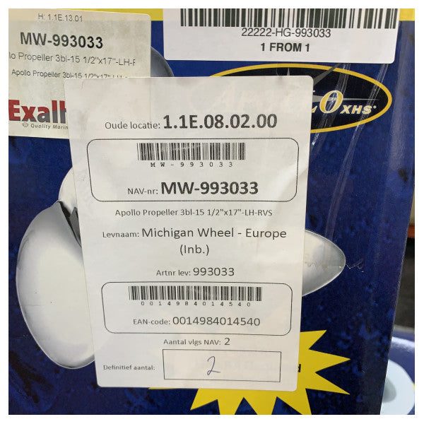 Michigan Apollo 3-Blade Stainless Steel Propeller 15.5 x 17 LH XHS - 993033
