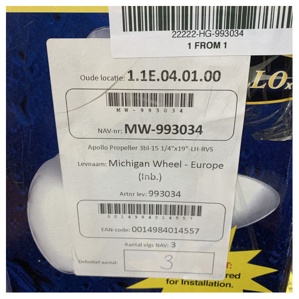 Michigan Apollo 3-Blade Stainless Steel Propeller 15 1/4 x 19 LH - 993034