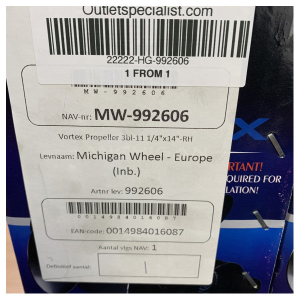 Michigan Vortex 3 Kanatlı Alüminyum Pervane 11 1/4 x 14 RH - 992606