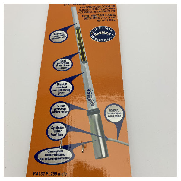 Glomex VHF Marineantenne 6 dB 2,4 m (8 ft) Glasfaser-Hochgewinn-Yachtantenne