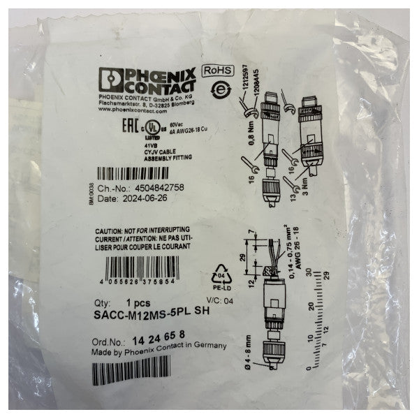 Phoenix Contact SACC-M12MS-5PL-SH Conector industrial macho M12 de 5 pinos blindado