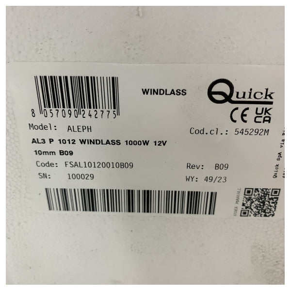 Quick Aleph Vertical Windlass 1000W 12V for 10mm Chain - Marine Anchor Winch