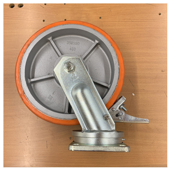Roulette pivotante Torwegge 80 mm haute résistance avec frein - polyuréthane non marquant