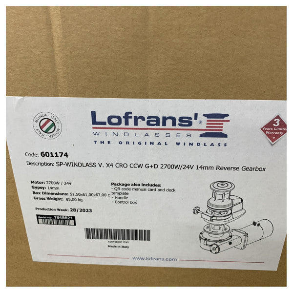 Lofrans X4 vertikal ankerspill 2,7 kW 24 V 14 mm ISO4565 vendbar motor LH
