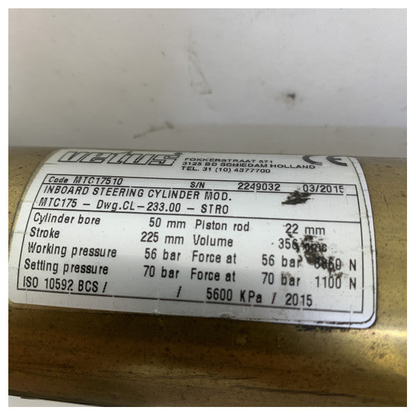 Υδραυλικός κύλινδρος διεύθυνσης Vetus MTC17510 225 mm - 1717 Nm - 356 cm3