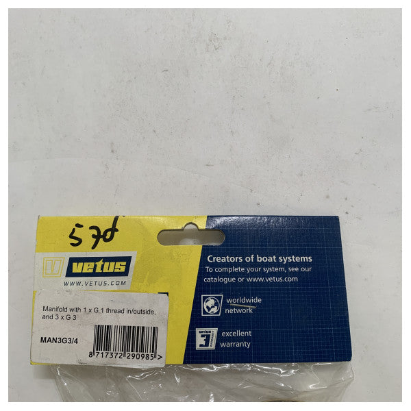 Vetus Brass Marine Manifold 1x G1 to 3x G3/4 for Water and Fuel Systems - MAN3G3-4