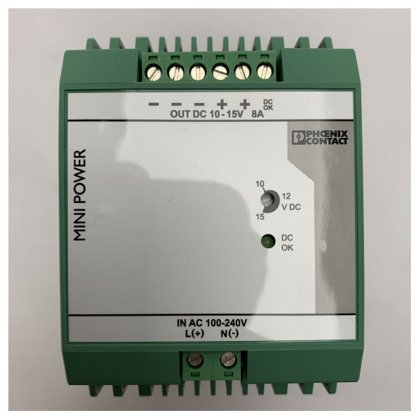 Fonte de alimentação marítima Phoenix Contact 10-15V DC, 8A com montagem robusta em trilho DIN para aplicações industriais e marítimas