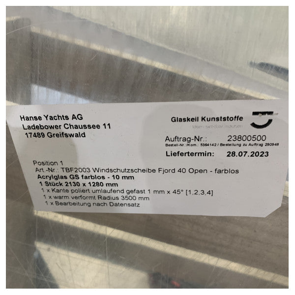 Fjord 40 Open Plexiglas Bootsscheibe 2130 x 1280 x 10 mm - TBF2003