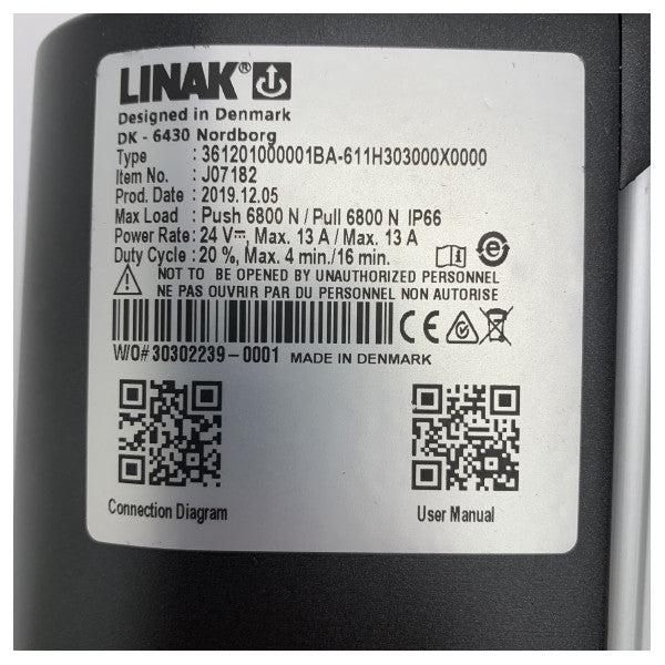 Електрически линеен задвижващ механизъм Linak 24V - 6800N, водоустойчив IP66, издръжлив алуминиев корпус - J07182