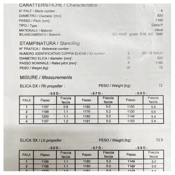 Hélice Nibral de 4 palas y 820mm de diámetro para motores marinos