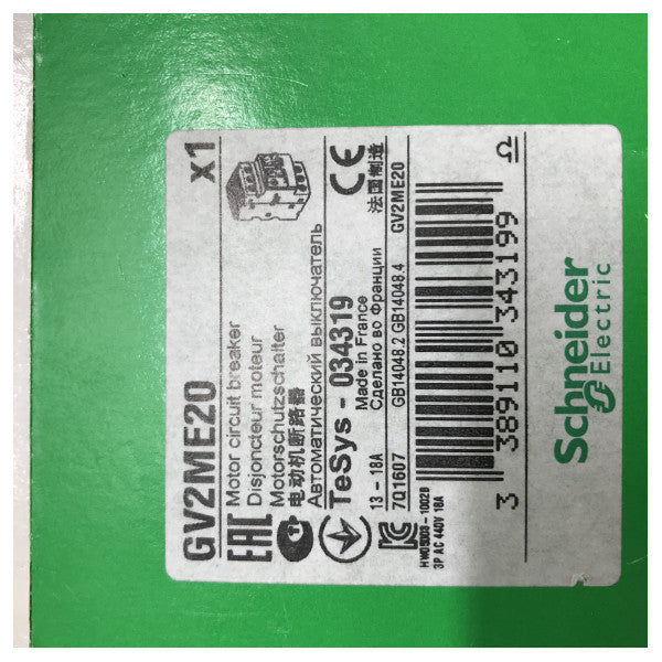Schneider Electric Adjustable Motor Protection Switch GV2ME20 for Maritime and Industrial Use