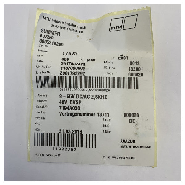 MTU 0005310289 Buzzer Suitable for Marine Engines