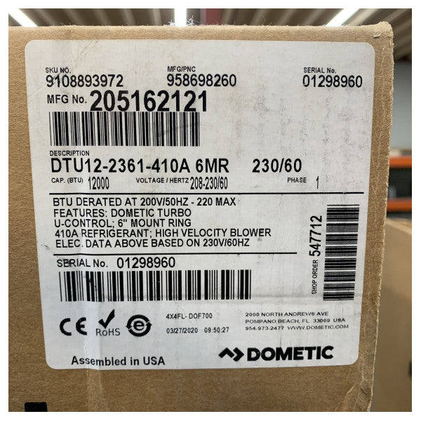 Dometic DTU12 12.000 BTU Αυτόνομη Ναυτική Μονάδα Κλιματισμού 230V / 60 HZ
