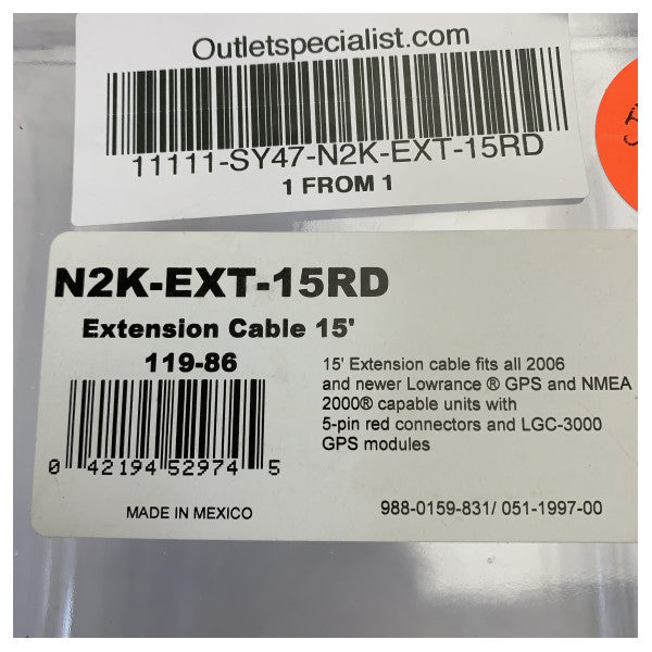 Lowrance N2K-EXT-15RD NMEA 2000 Backbone Extension Cable - 4.5m 15ft