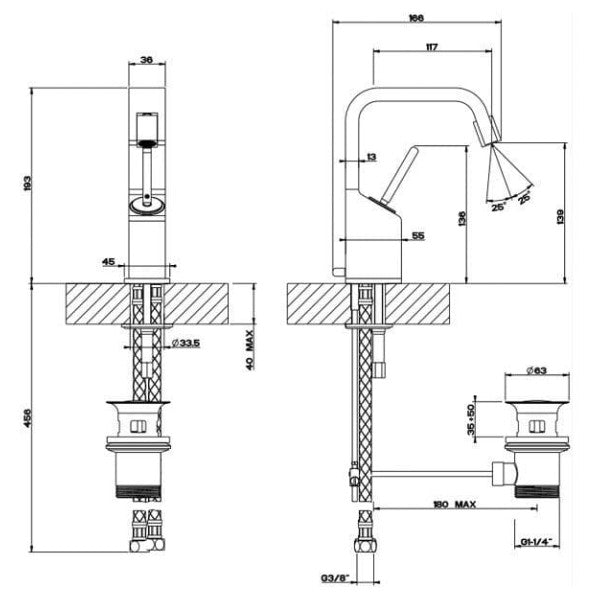 Gessi Rettangolo XL Schwarz Waschtischmischbatterie Ersatzteile 26107.299 mit flexiblen Schläuchen aus Edelstahl