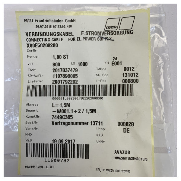 Cavo di collegamento MTU X00E50208280 per l'alimentazione elettrica del motore