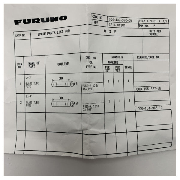 Furuno SP16-01301 Marine Glass Fuse 125V 7A/15A for Felcom18