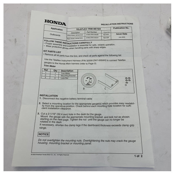 Honda Marine 37260-ZW5-003SK Engine Trim Gauge Silver
