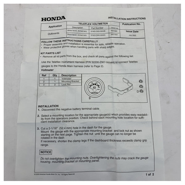 Honda Marine Engine Voltage Gauge 12V - 37450-ZW5-004SK