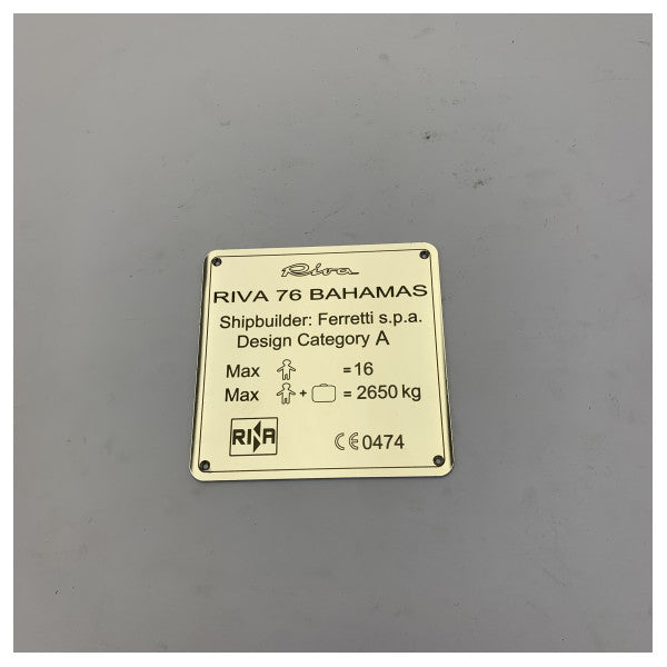 Plaque de constructeur Riva 76 Bahamas - Quincaillerie de yacht Ferretti Group d'origine - 380173