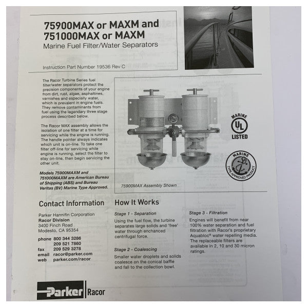 فيلتر وقود مزدوج Parker Racor 751000MAXM فاصل الماء - 30 ميكرون