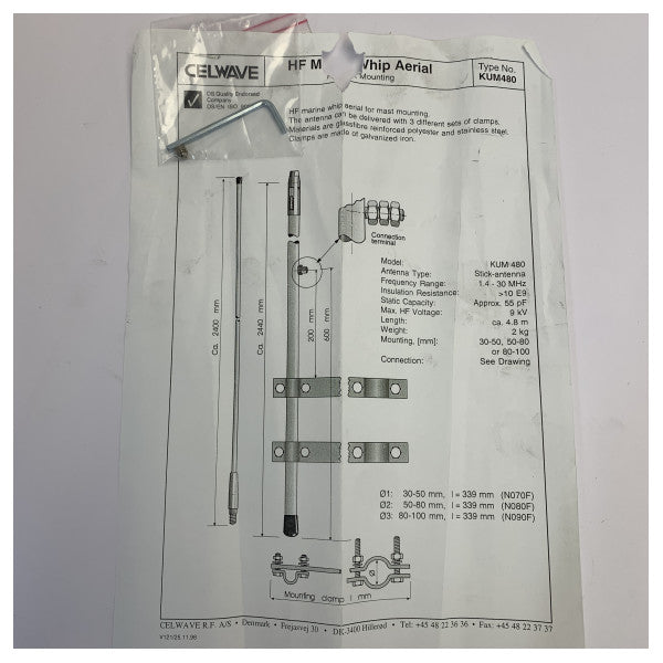 Antenne marine HF/SSB AC Antennas KUM480 - 2 sections - 5 m - 500 W - 1,4-30 MHz