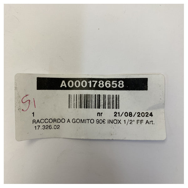 Acoplamento em L de Aço Inoxidável 316 Osculati 90 - 1/2 polegada 17.326.02