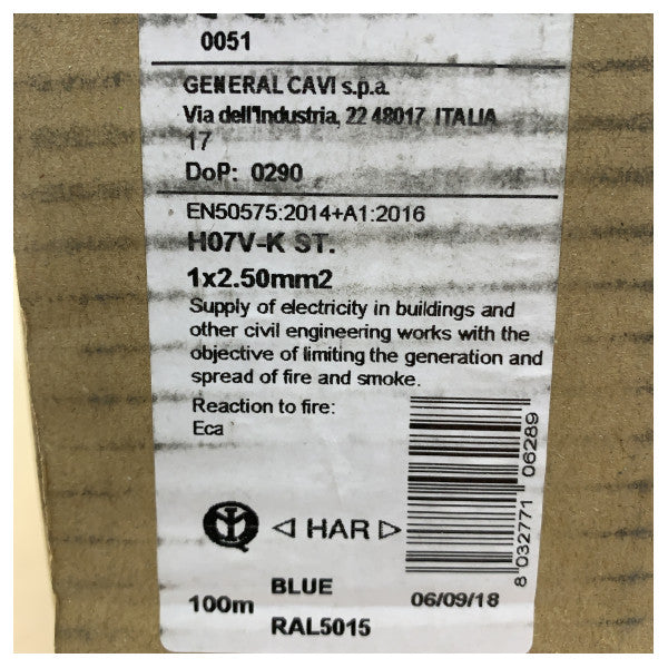 General Cavi H07V-K 2.5mm Flexible Mounting Cable Blue