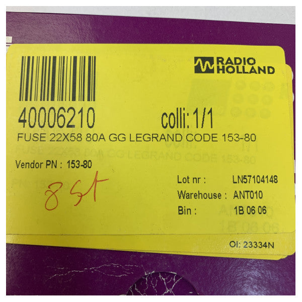 Bezpiecznik wkładkowy Legrand 153-80 22x58mm 80A gG