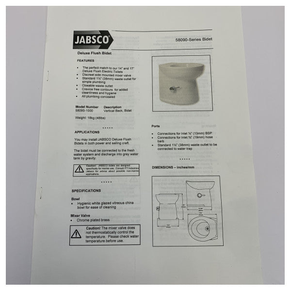 Jabsco Deluxe Flush Bidet 17 Inch Marine - Montaggio a pavimento - 58090-1000