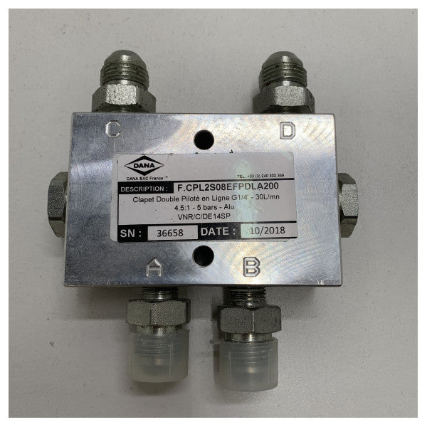 Válvula hidráulica marina de doble piloto DANA F.CPL2S08EFPDLA200 - Aluminio duradero 30L/min, 5 Bar